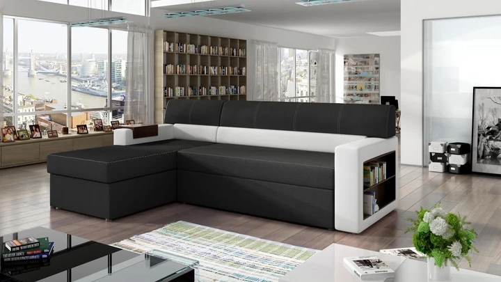 INGRID rozkládací rohová sedačka s knihovnou a odkládací policí
