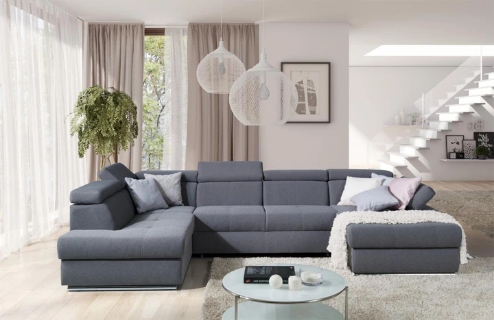 FABIOLA U moderní rozkládací sedací souprava do U s regulovatelnými opěrkami hlavy a loktů