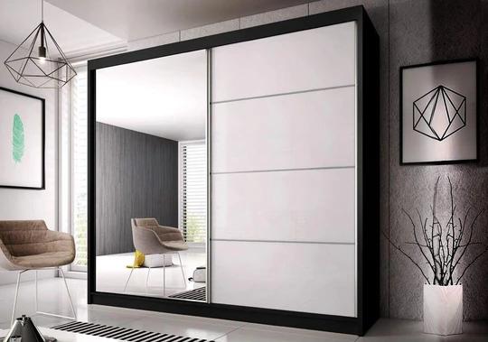 MULTI 35 šatní skříň se zrcadlem a posuvnými dveřmi, černobílá, | 3 rozměry | , 183 cm