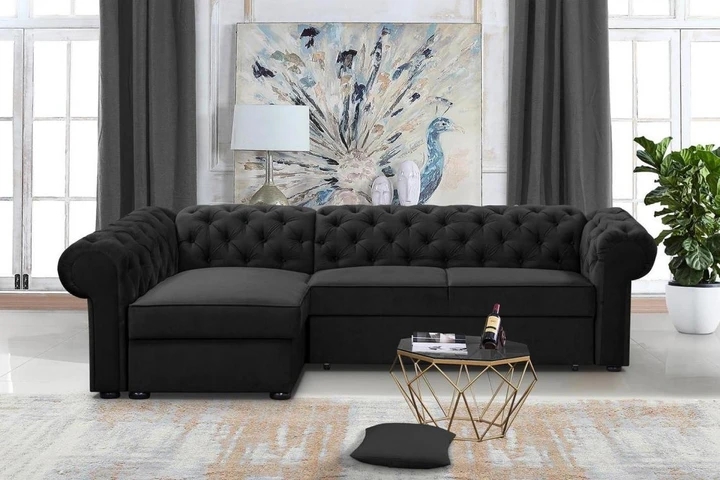 RAMONA XL rozkládací rohová sedačka v chesterfield stylu, látkové knoflíky