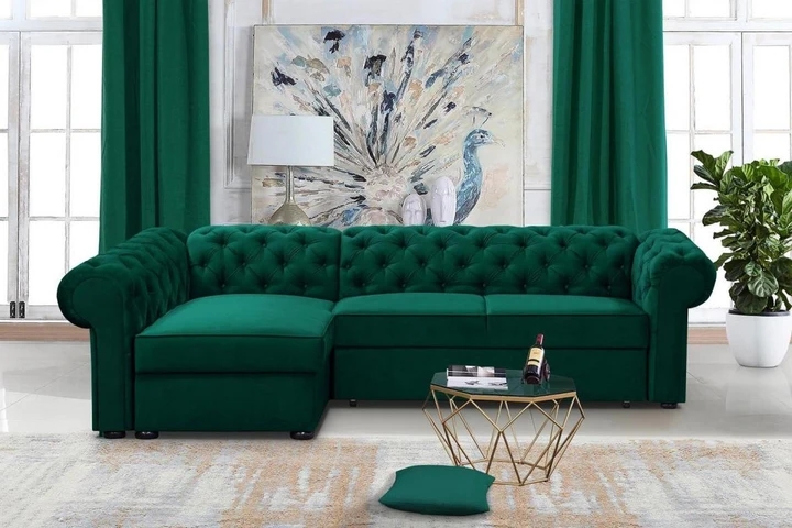 RAMONA XL rozkládací rohová sedačka v chesterfield stylu, látkové knoflíky