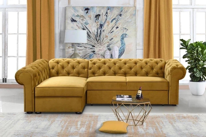 RAMONA XL rozkládací rohová sedačka v chesterfield stylu, látkové knoflíky