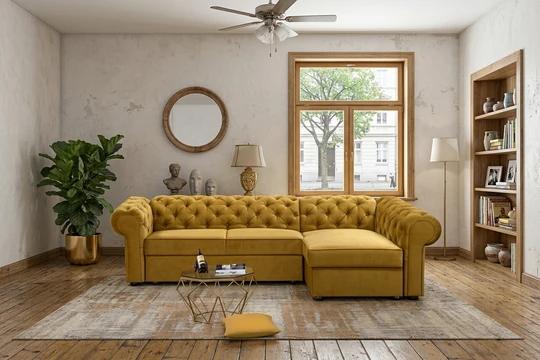 RAMONA XL rozkládací rohová sedačka v chesterfield stylu, látkové knoflíky