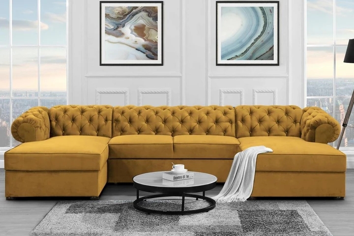 RAMONA U rozkládací sedačka ve tvaru U v chesterfield stylu, látkové knoflíky