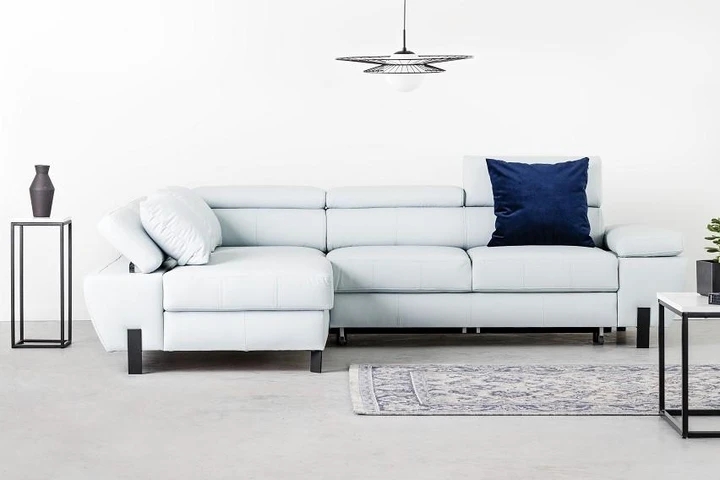 CALIN rozkládací rohová sedačka s nastavitelnými opěrkami hlavy a loktů v pravé kůži