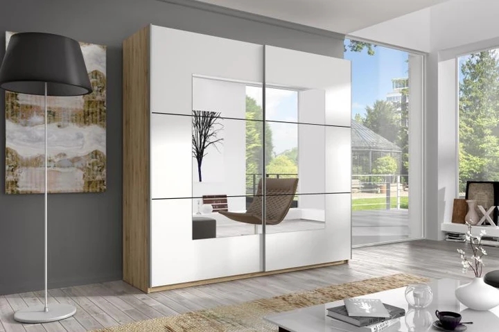 ZUZANA zrcadlová šatní skříň s posuvnými dveřmi, dekor san remo sv./bílá