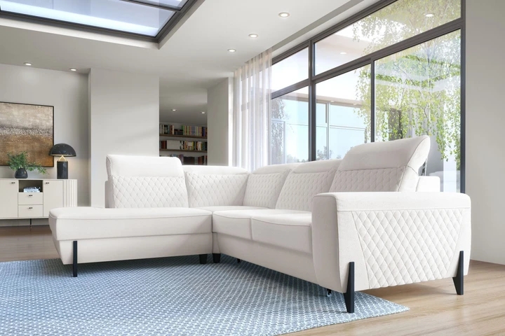 STUART elegantní rozkládací rohová sedačka s úložným prostorem a opěrkami hlavy, pravá kůže